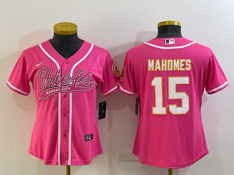 Womens Kansas City Chiefs #15 Patrick Mahomes Pink White With Patch Cool Base Stitched Baseball Jersey